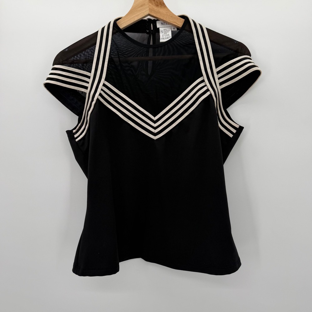 Vintage Milano Black Sheer Mesh Yoke V Neck Striped Fit Flare Top 8